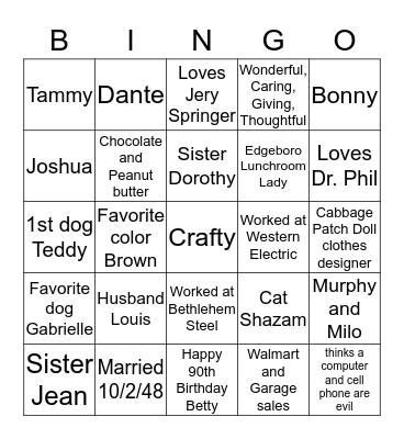 Happy 90th Birthday Betty Bingo Card