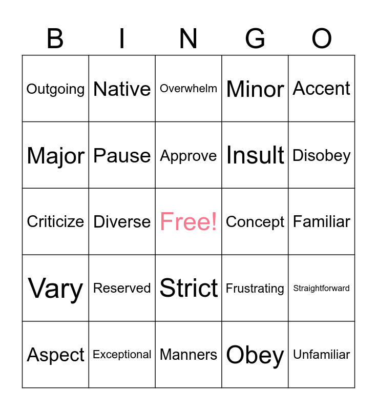M.6 UNIT 5 vocabulary Bingo Card