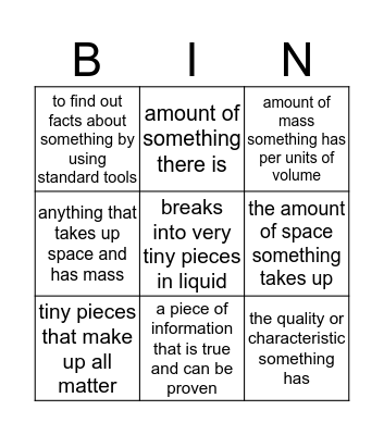 Matter Vocabulary Bingo Card