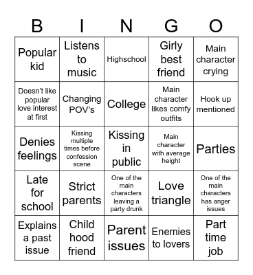 Wattpad Rom-com Bingo Card