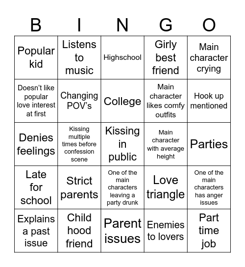 Wattpad Rom-com Bingo Card