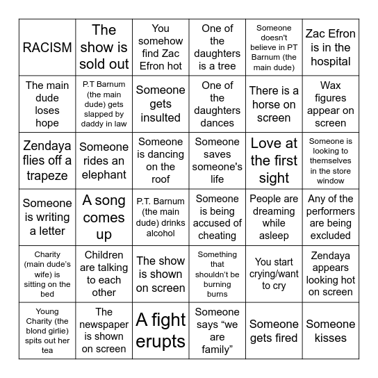 ChoirCo's The Greatest Showman Drunk Bingo Card