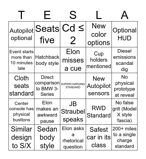 Model 3 Launch Event Bingo Card