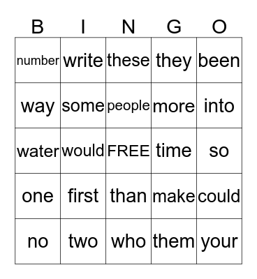 Sight Words Bingo Card