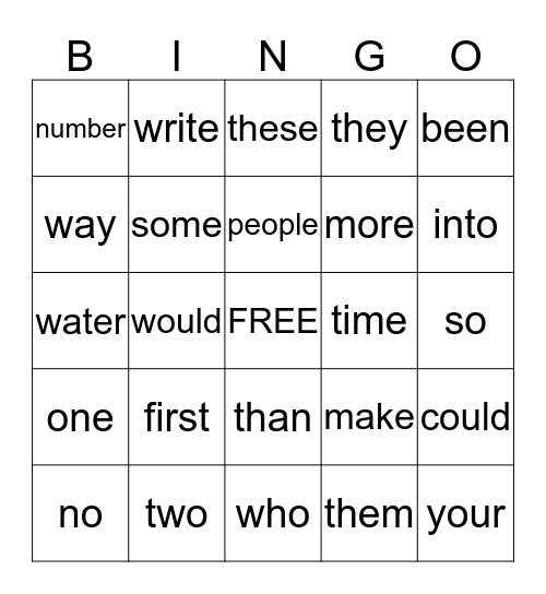 Sight Words Bingo Card