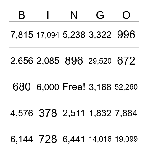 Multiplication Bingo Card
