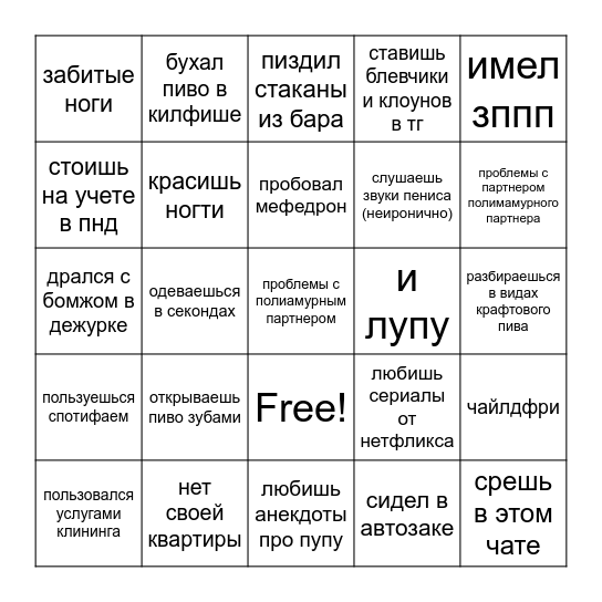 Настоящее бинго Клуба Пивных Котят Bingo Card