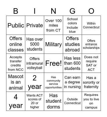 College Fair Bingo Card