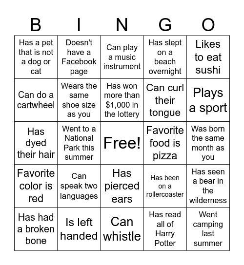 Profile Bingo Card