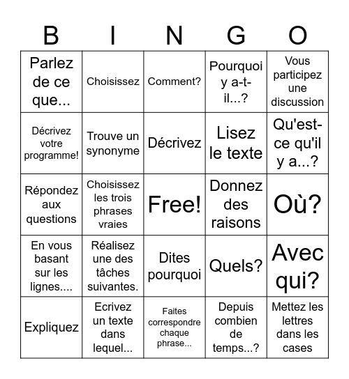 Instructions Bingo Card