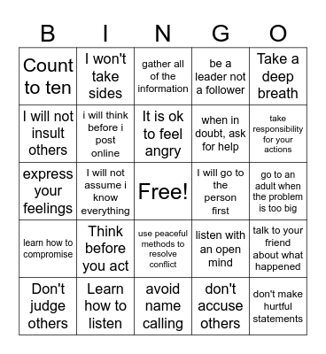 Bullying Solution Bingo Card