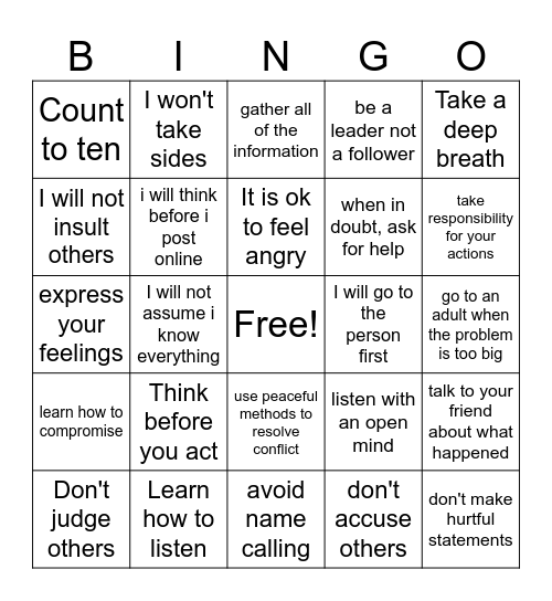 Bullying Solution Bingo Card