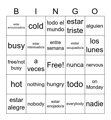 Spanish Choice board Bingo Card