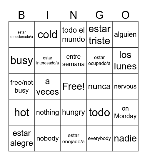 Spanish Choice board Bingo Card