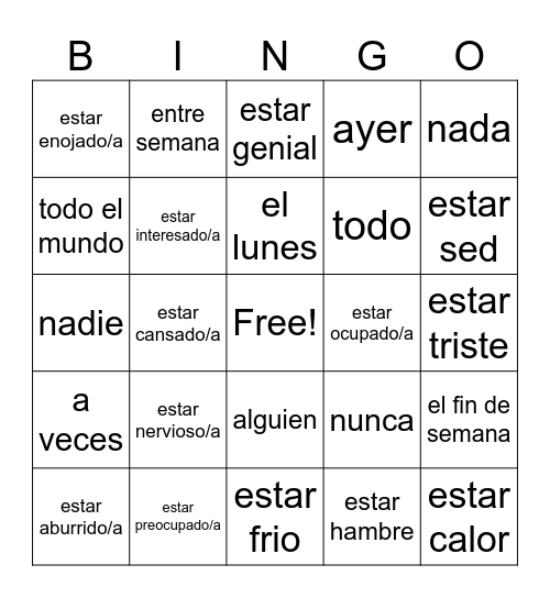 Spanish Choiceboard Bingo Card