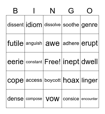 Vocabulary Bingo Card