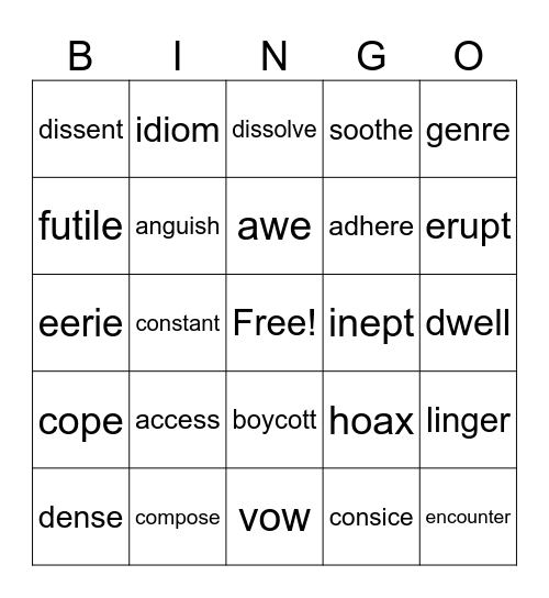 Vocabulary Bingo Card