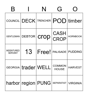 Colonial America Vocabulary Bingo Card