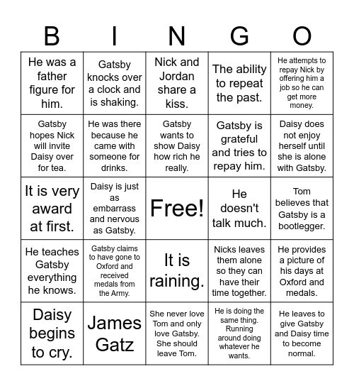 The Great Gatsby Review 4-6 Bingo Card