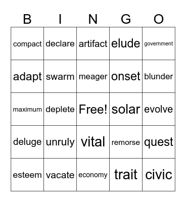 Vocabulary Bingo Card