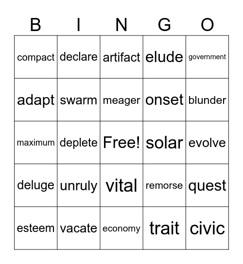 Vocabulary Bingo Card