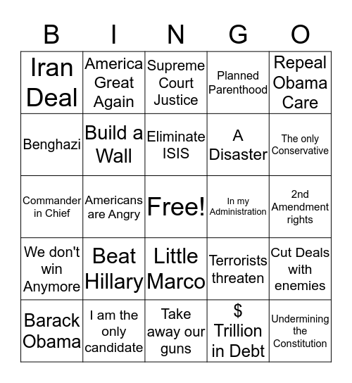 Republican Goofball Debate Bingo Card