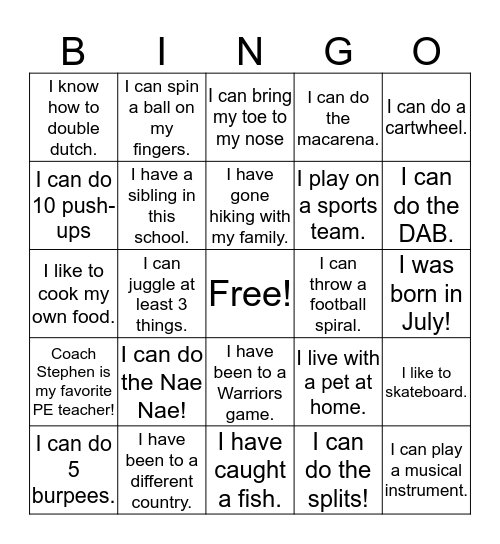 PE Bingo! Bingo Card