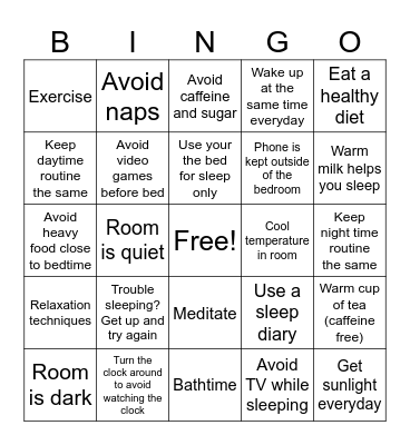 Good Sleep Hygiene Bingo Card