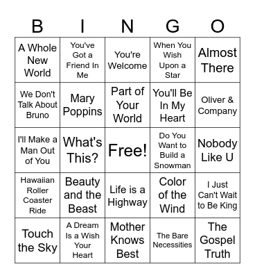 Disney Tunes Bingo Card