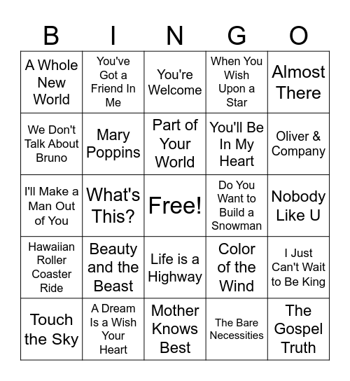 Disney Tunes Bingo Card