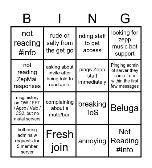 Zepp chatters Bingo Card