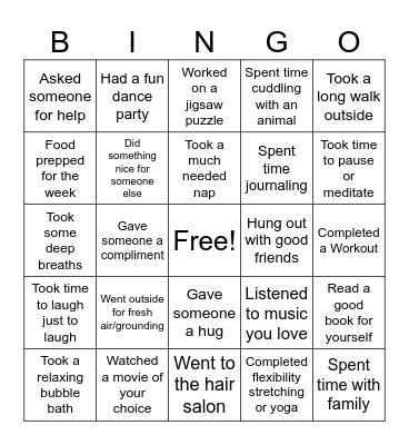 Self Care BINGO written Bingo Card