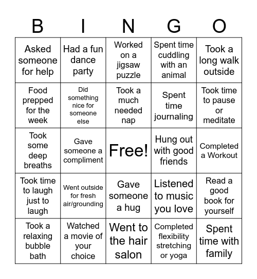Self Care BINGO written Bingo Card