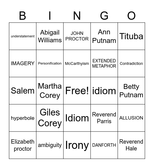 The Crucible/Literary Terms Bingo Card