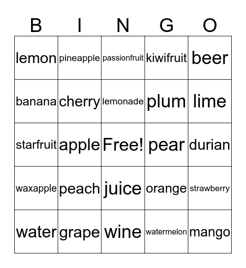 Fruit & Drinks Bingo Card