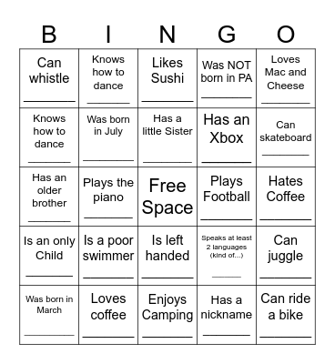 YOUTH HUMAN BINGO Card
