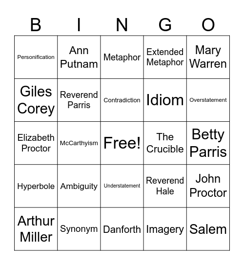 The Crucible/Literary Terms Bingo Card