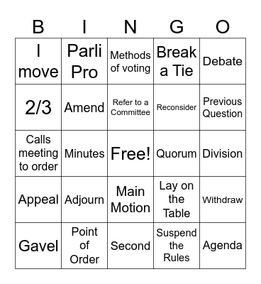 Parliamentary Procedure Bingo Card