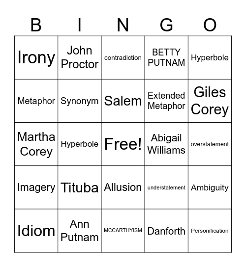 The Crucible/Literary Terms Bingo Card