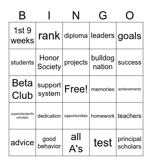 Honor Roll Bingo Card