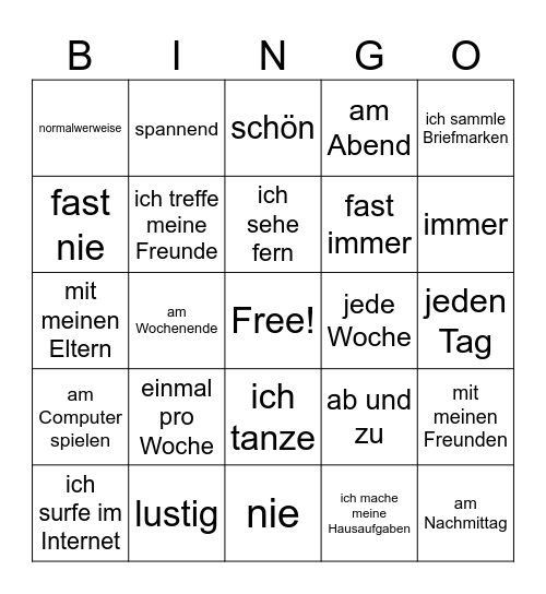 Was machst du in deiner Freizeit? Bingo Card