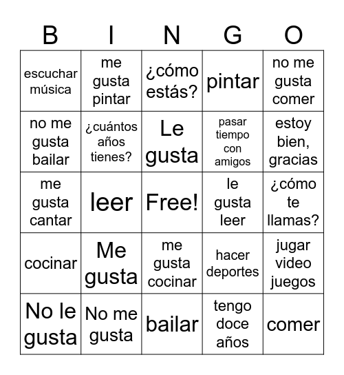 Mis pasatiempos Bingo Card