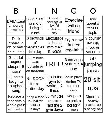 Fitness Bingo Card