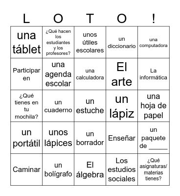 1.2 Los útiles escolares y las clases Bingo Card