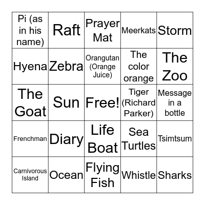 Life of Pi Bingo Card