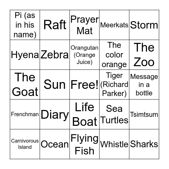 Life of Pi Bingo Card