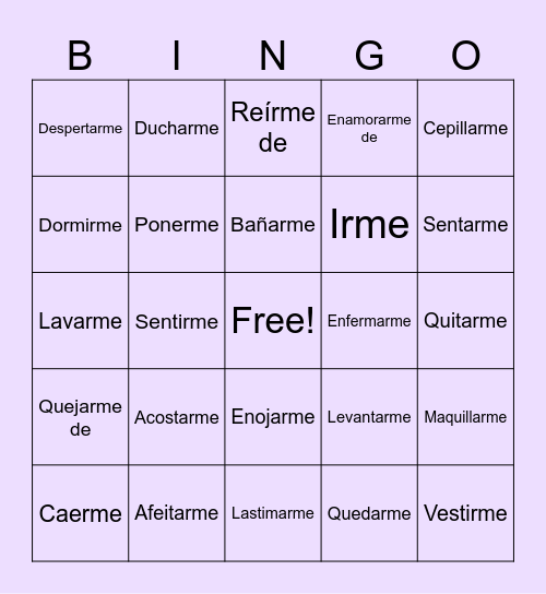 reflexive + phrases Bingo Card