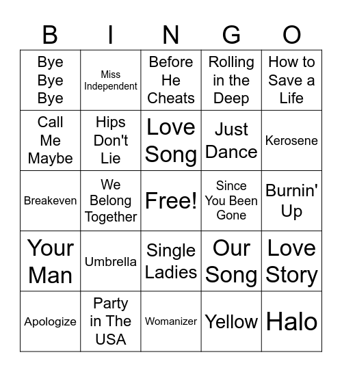 2000's Hits Bingo Card