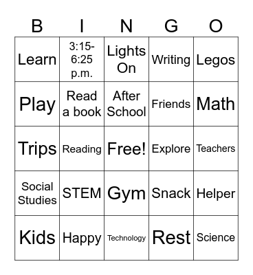 "Lights On" After-school Bingo Card