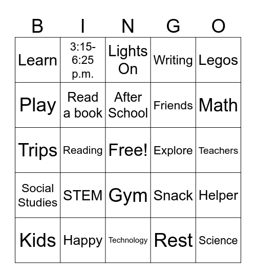 "Lights On" After-school Bingo Card